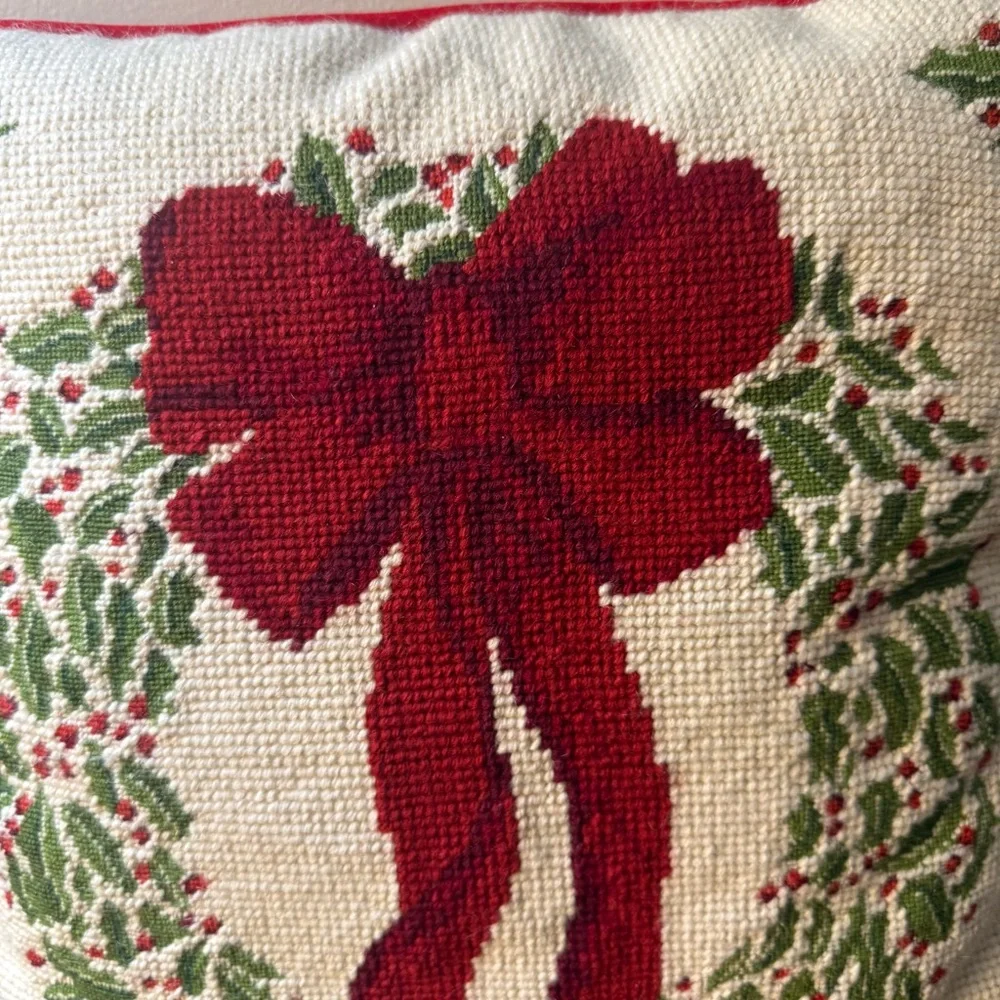 Holiday Wreath Needlepoint Pillow with Red Bow